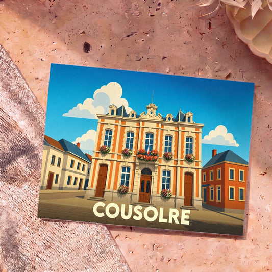 Carte postale souvenir de la ville de Cousolre avec une illustration stylisée de son hôtel de ville.