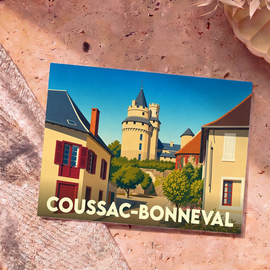 Carte postale souvenir de la ville de Coussac-Bonneval avec une illustration stylisée de son château et de ses maisons.