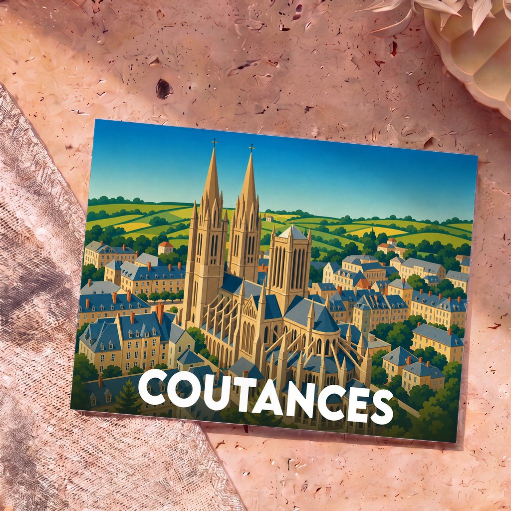Carte postale souvenir de la ville de Coutances avec une illustration stylisée de sa cathédrale et de ses environs.