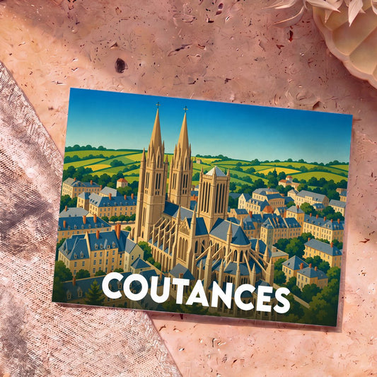 Carte postale souvenir de la ville de Coutances avec une illustration stylisée de sa cathédrale et de ses environs.