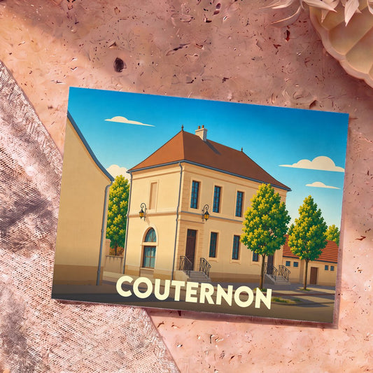Carte postale souvenir de la ville de Couternon avec une illustration stylisée d'un bâtiment classique sous un ciel bleu.