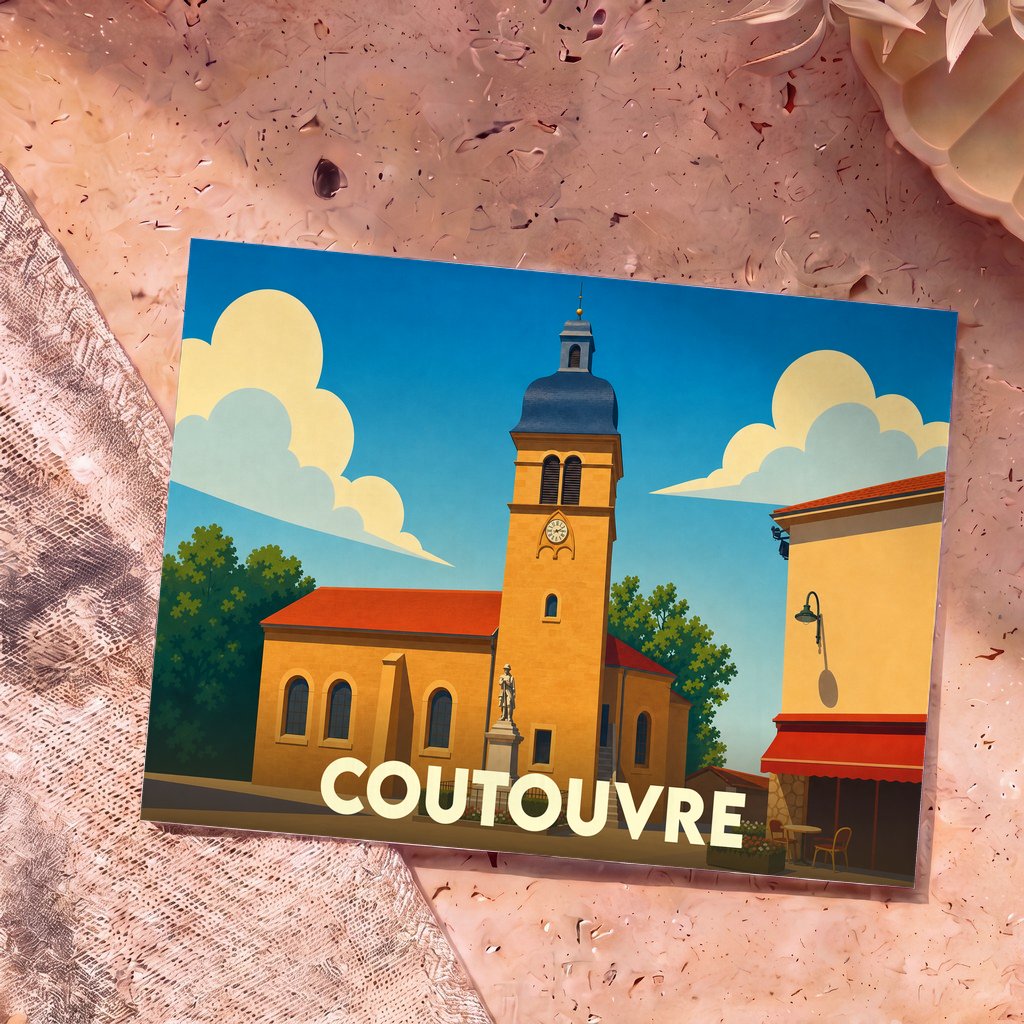 Carte postale souvenir de la ville de Coutouvre avec une illustration stylisée de son église sous un ciel azur.