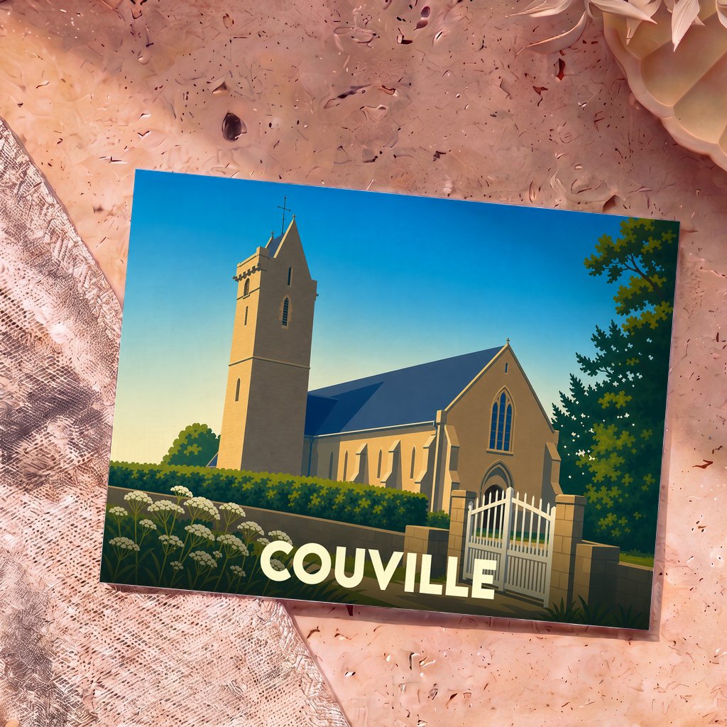 Carte postale souvenir de la ville de Couville avec une illustration stylisée de son église sous un ciel bleu.