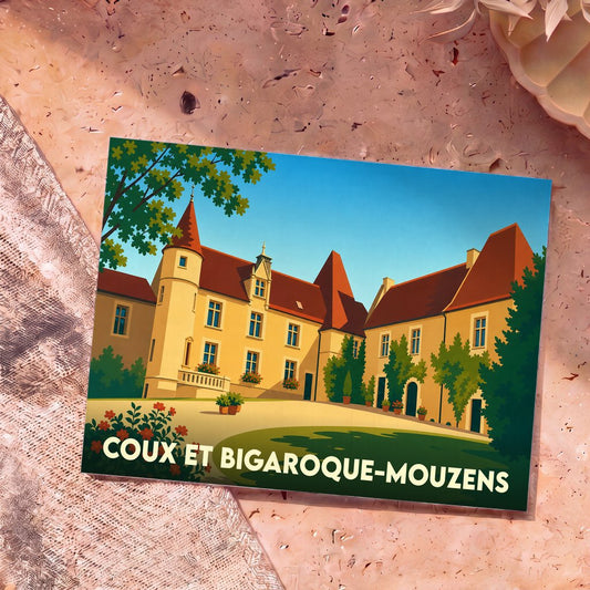 Carte postale souvenir de la commune de Coux et Bigaroque-Mouzens illustrant un château de style Renaissance.