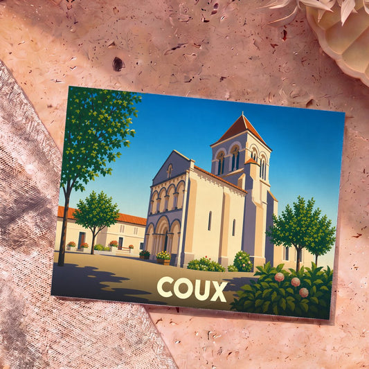 Carte postale souvenir de la ville de Coux avec une illustration stylisée de son église sous un ciel bleu.