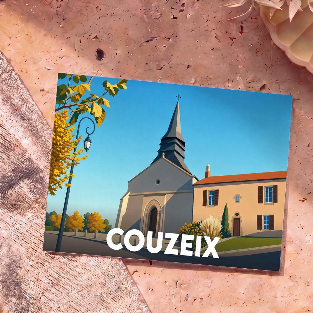 Carte postale souvenir de la ville de Couzeix illustrant son église avec un style graphique épuré.