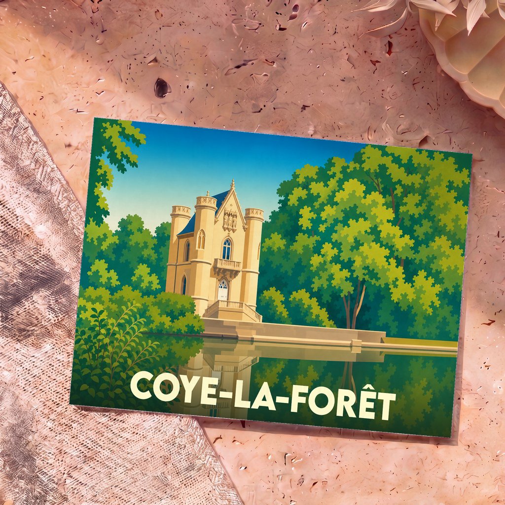 Carte postale souvenir de la ville de Coye-la-Forêt illustrant le château de la Reine Blanche dans un style épuré.