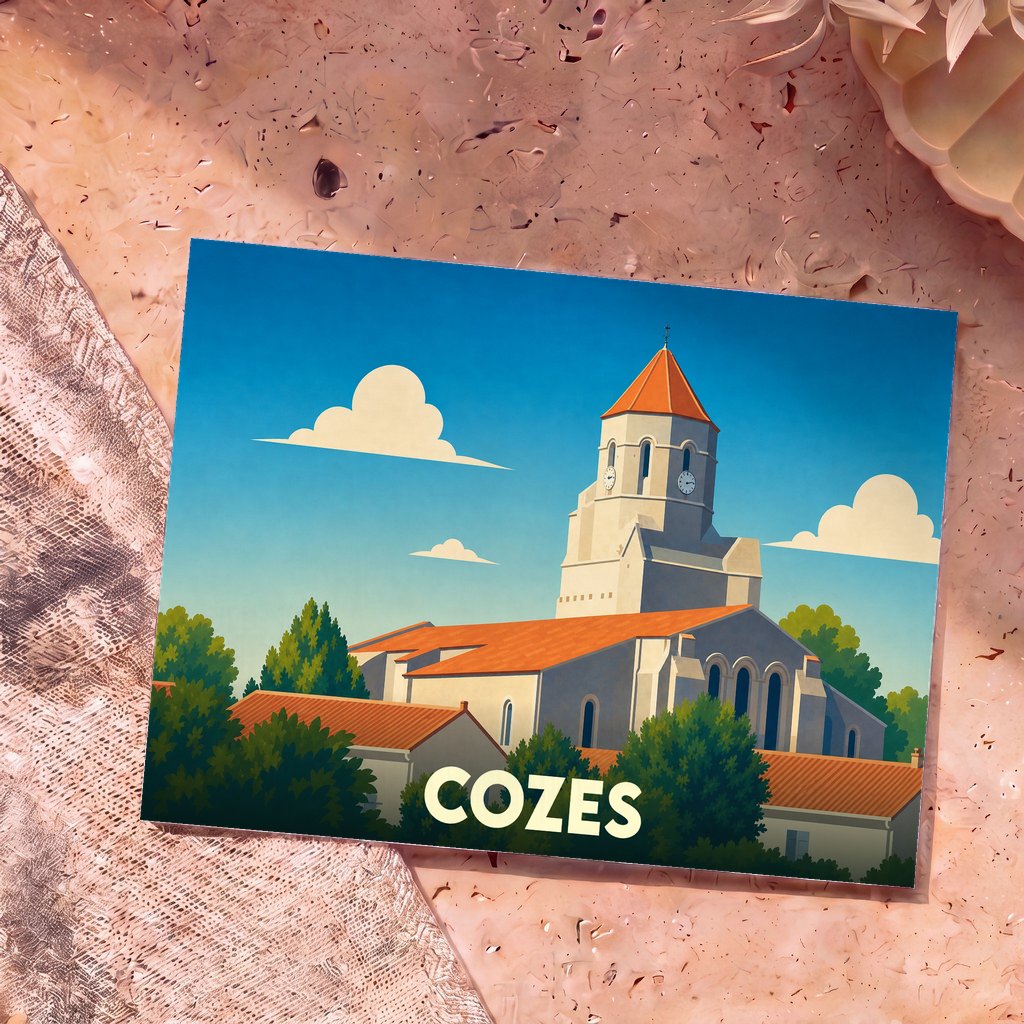 Carte postale souvenir de la ville de Cozes illustrant son église dans un style graphique épuré.