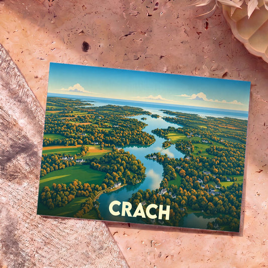 Carte postale souvenir de la ville de Crach avec une illustration aérienne et stylisée de son paysage côtier.