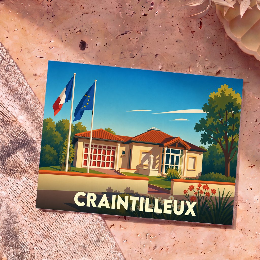 Carte postale souvenir de la ville de Craintilleux avec une illustration stylisée d'une mairie pavillonnaire et de ses drapeaux.