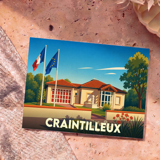 Carte postale souvenir de la ville de Craintilleux avec une illustration stylisée d'une mairie pavillonnaire et de ses drapeaux.