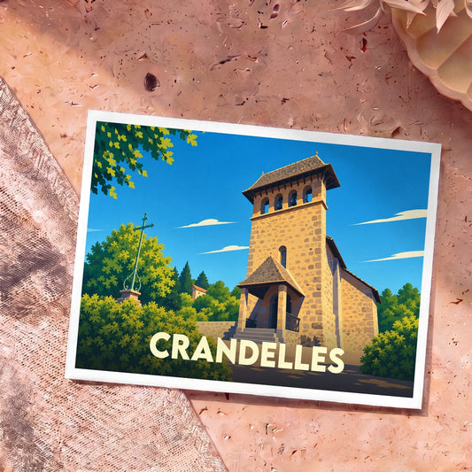 Carte postale souvenir de la ville de Crandelles avec une illustration stylisée de son église et d'une croix monumentale.