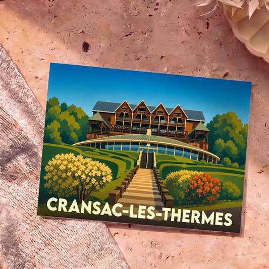 Carte postale souvenir de la ville de Cransac-les-Thermes avec une illustration stylisée de son centre thermal.