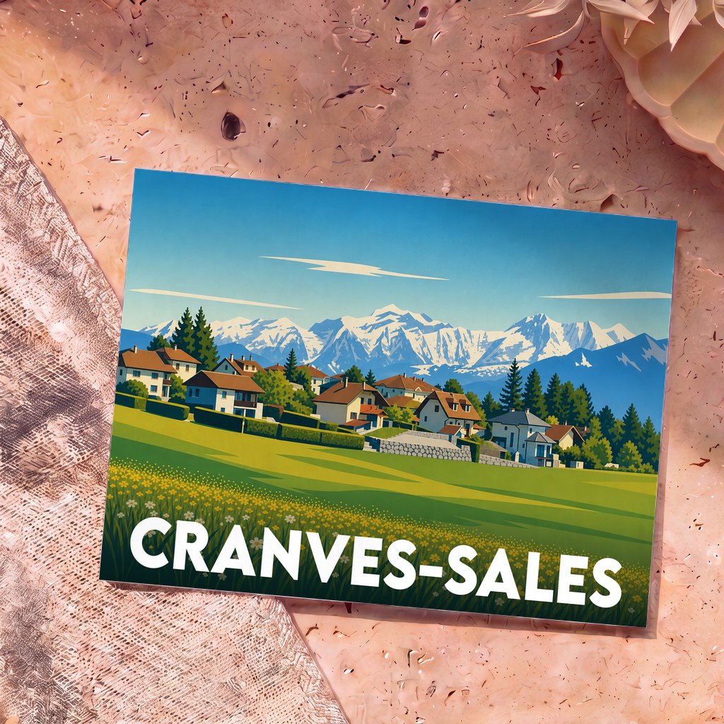 Carte postale souvenir de la ville de Cranves-Sales avec une illustration stylisée d'un paysage montagneux.