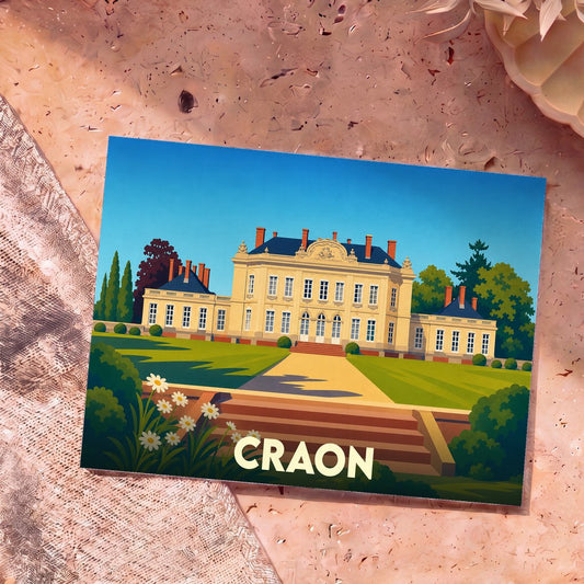 Carte postale souvenir de la ville de Craon avec une illustration stylisée de son château.