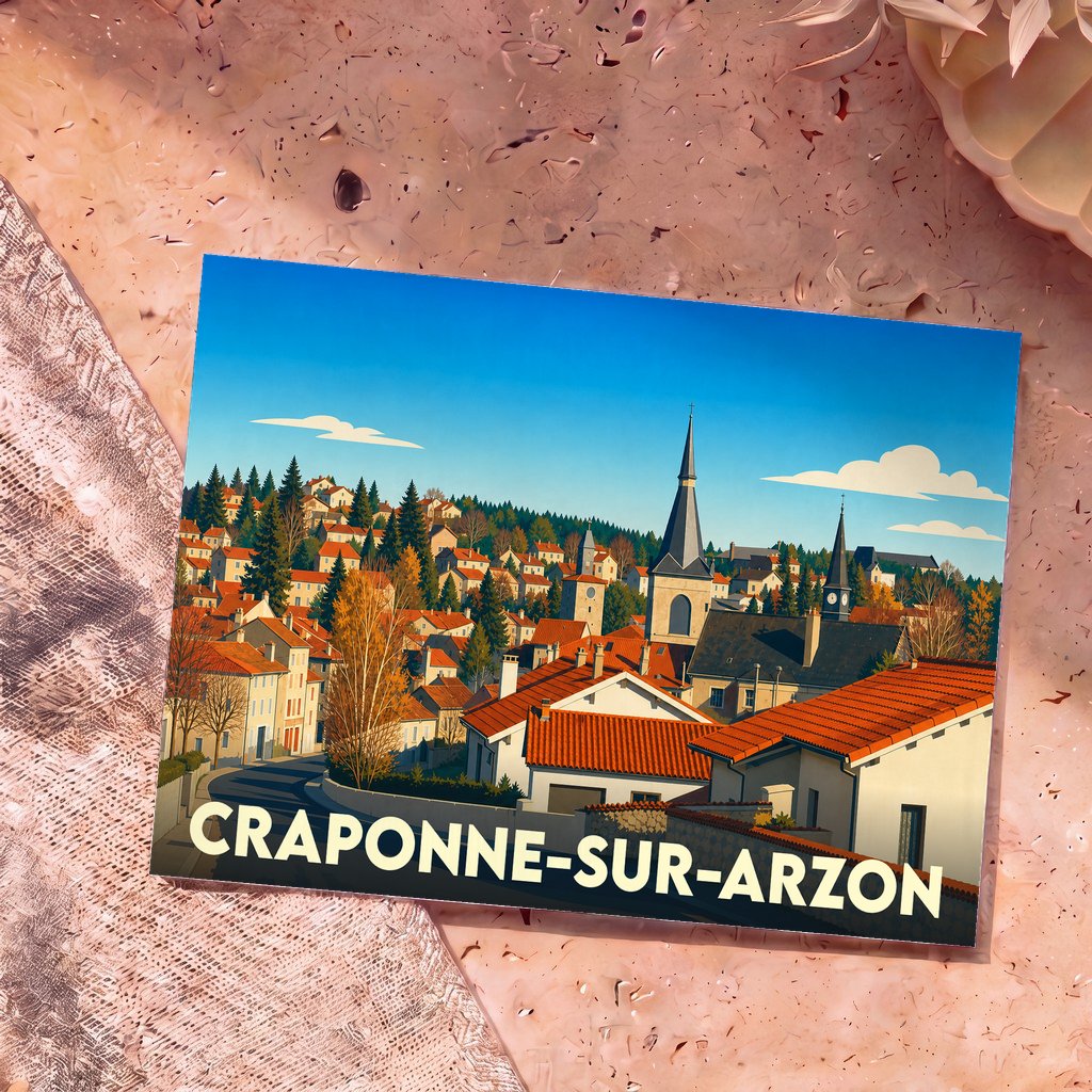 Carte postale souvenir de Craponne-sur-Arzon avec une illustration stylisée de la ville et de ses clochers.