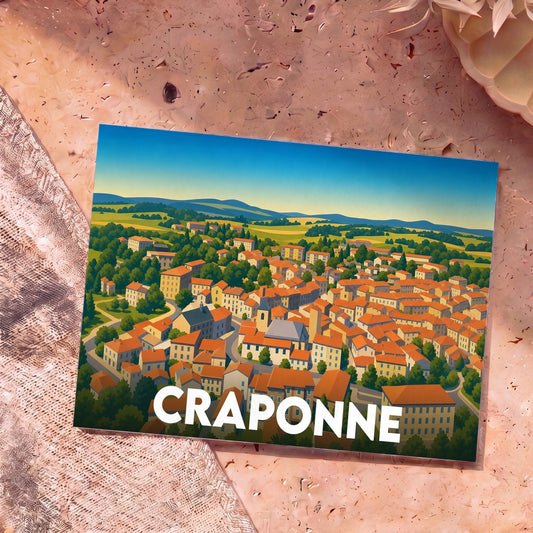 Carte postale souvenir de la ville de Craponne illustrée par une vue panoramique colorée.