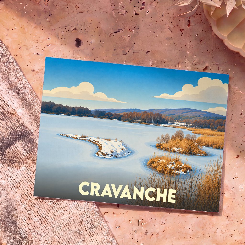 Carte postale souvenir de la ville de Cravanche avec une illustration stylisée représentant un paysage hivernal au bord de l'eau.