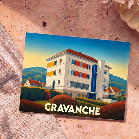Carte postale souvenir de la ville de Cravanche avec une illustration stylisée de son hôtel de ville.