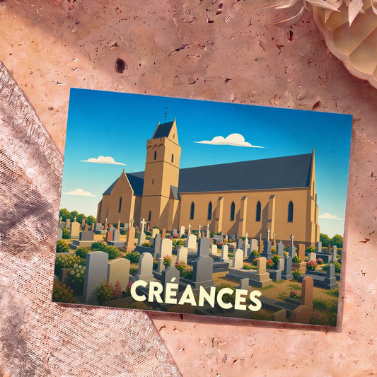 Carte postale souvenir de la ville de Créances illustrant son église et son cimetière dans un style graphique épuré.