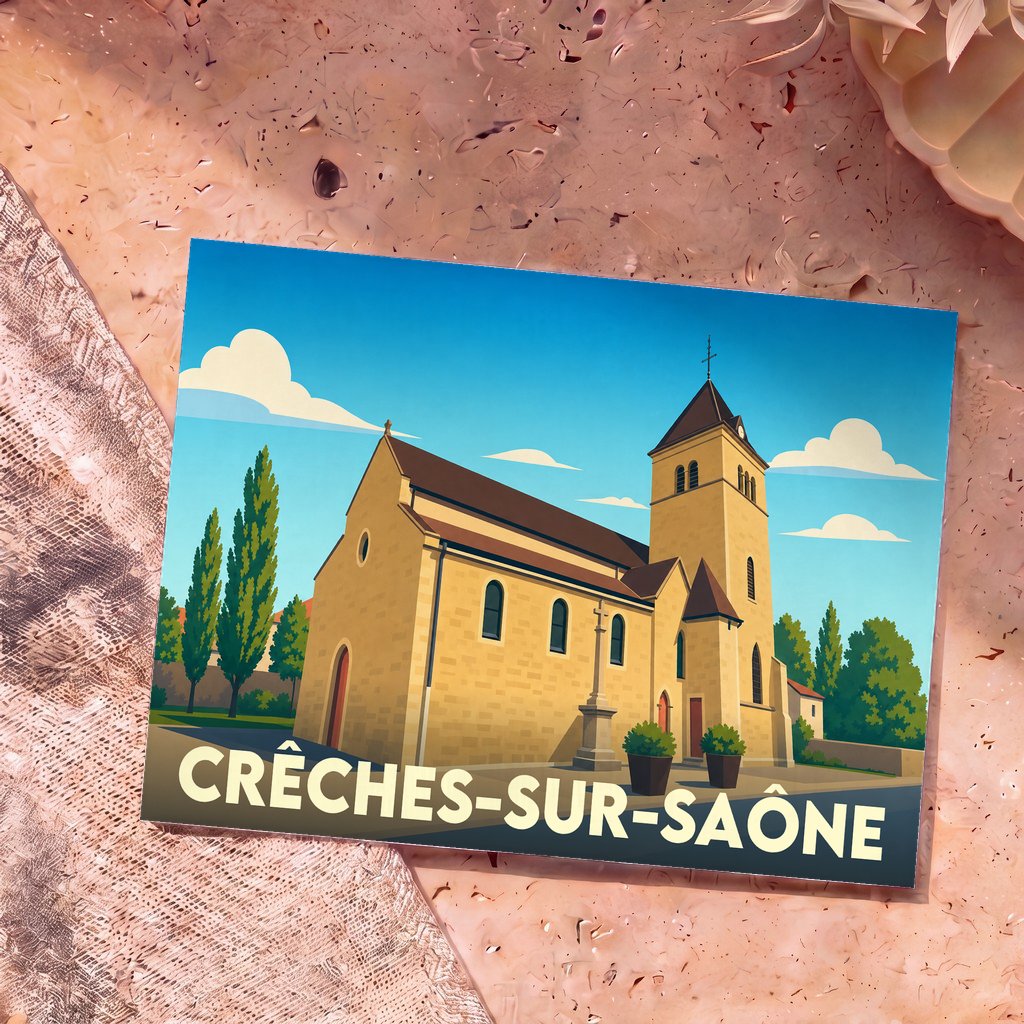 Carte postale souvenir de la ville de Crêches-sur-Saône avec une illustration stylisée de son église.