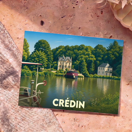 Carte postale souvenir de la ville de Crédin avec une illustration stylisée d'un canal bordé de maisons et de verdure.
