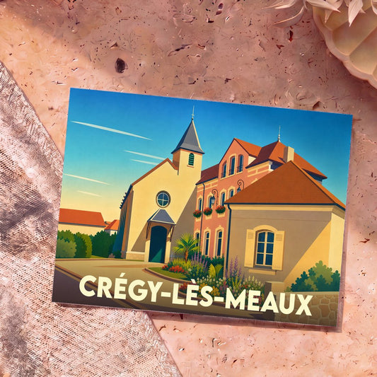 Carte postale souvenir de la ville de Crégy-lès-Meaux avec une illustration stylisée de son église et de ses bâtiments.