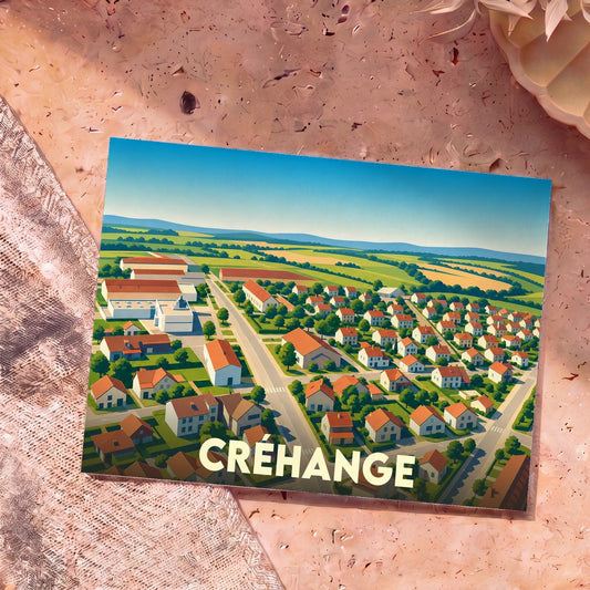 Carte postale souvenir de la ville de Créhange avec une illustration stylisée vue du ciel.