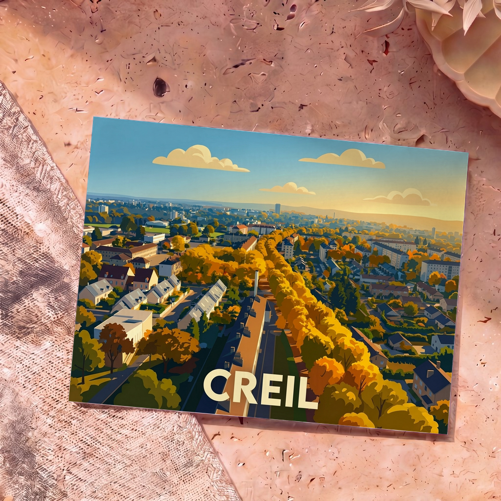 Carte postale souvenir de la ville de Creil avec une illustration stylisée d'un paysage urbain automnal.