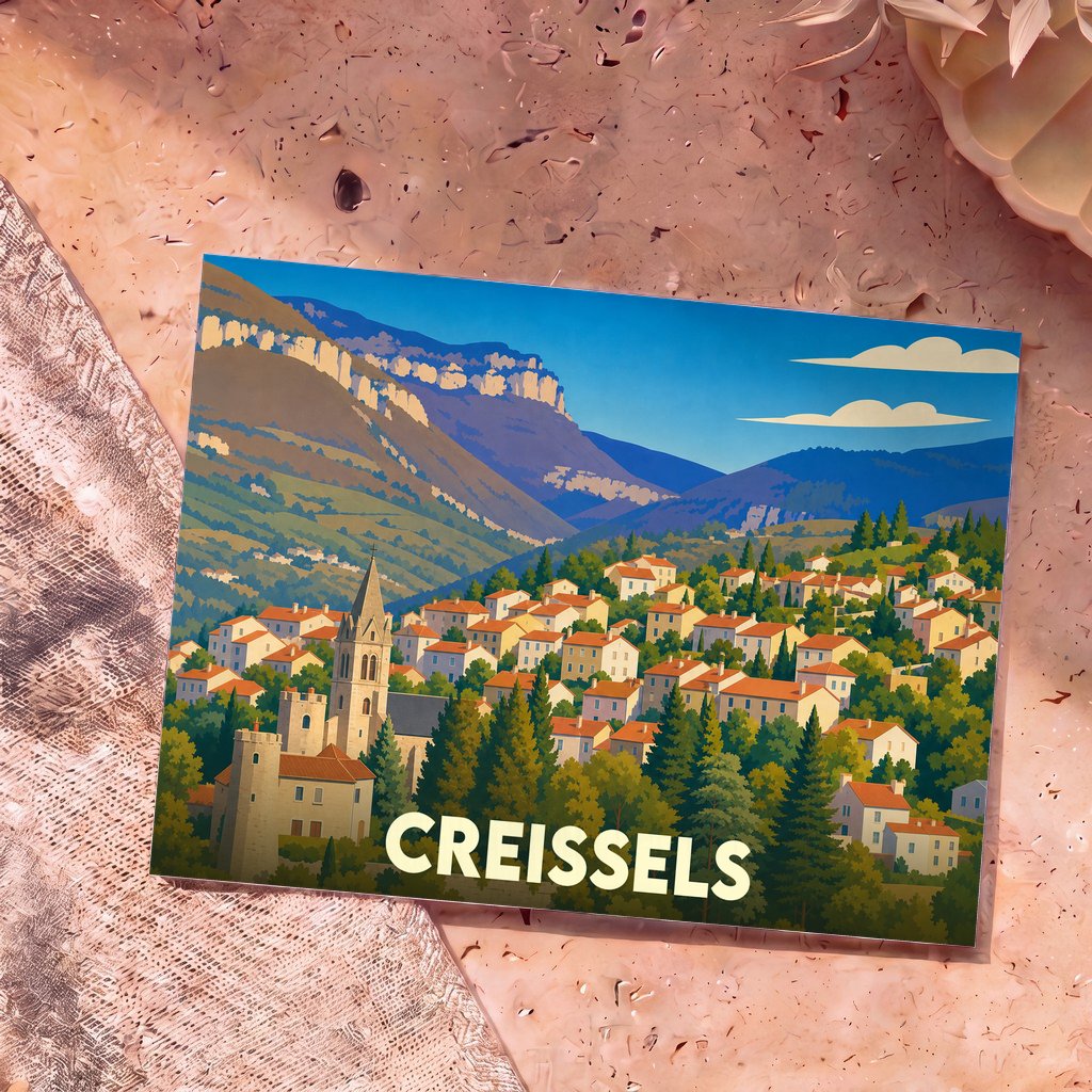 Carte postale souvenir de la ville de Creissels avec une illustration stylisée de ses maisons et de ses montagnes.