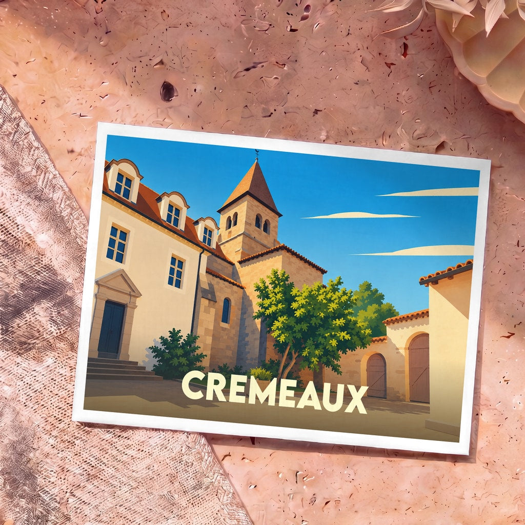Carte postale souvenir de la ville de Cremeaux avec une illustration stylisée.