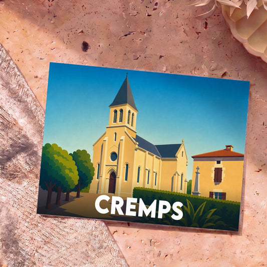 Carte postale souvenir de la ville de Cremps avec une illustration stylisée de son église sous un ciel bleu.