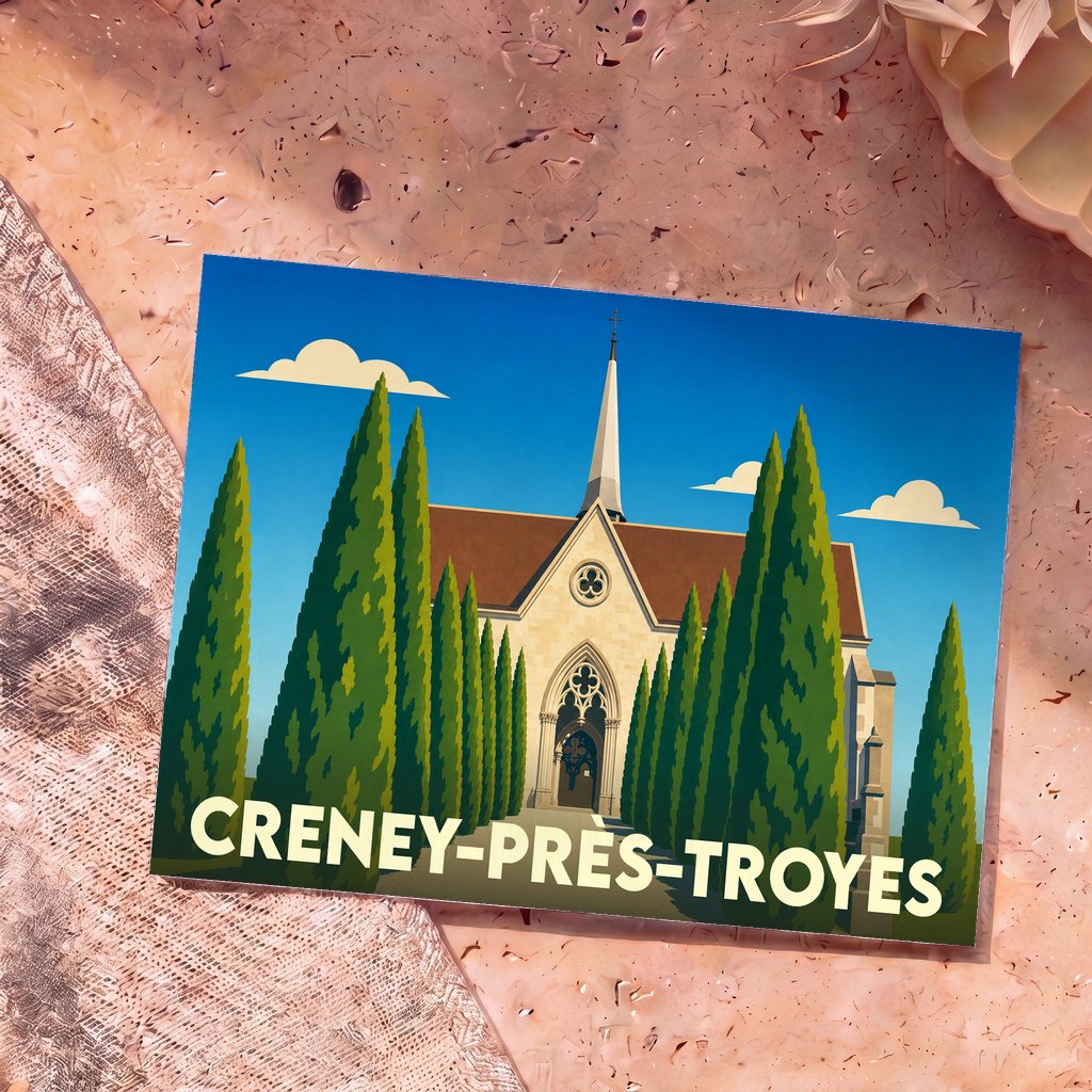 Carte postale souvenir de Creney-près-Troyes avec une illustration stylisée de son église entourée de cyprès.