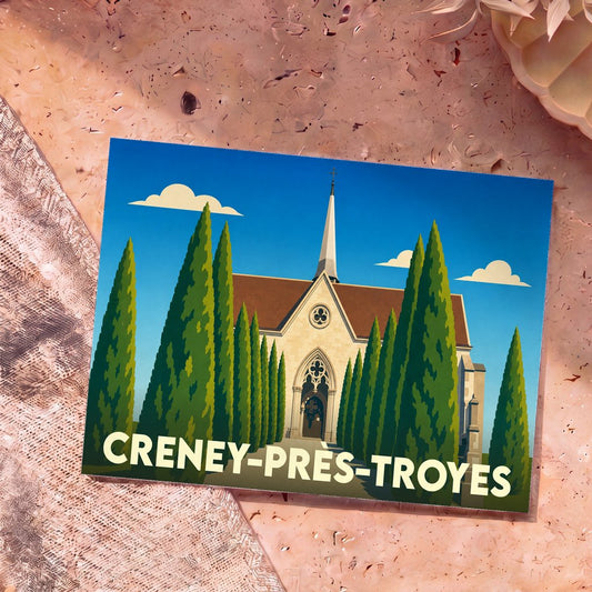 Carte postale souvenir de Creney-près-Troyes avec une illustration stylisée de son église entourée de cyprès.