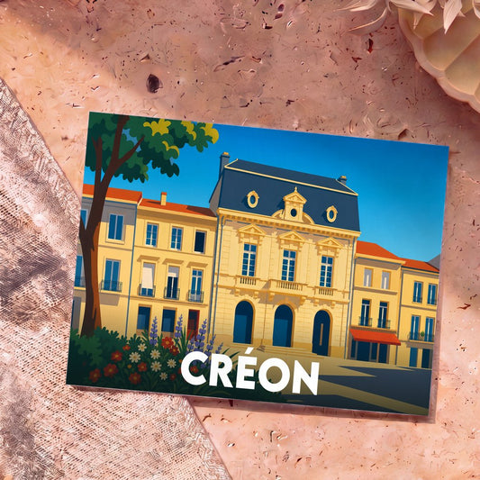Carte postale souvenir de la ville de Créon présentant une illustration stylisée de son architecture locale.