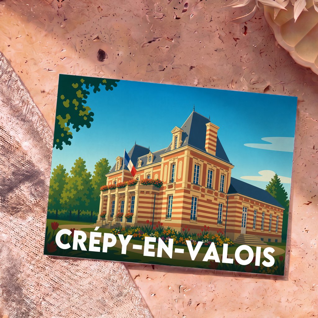 Carte postale souvenir de la ville de Crépy-en-Valois illustrant son hôtel de ville dans un style graphique épuré.