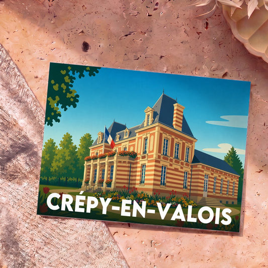 Carte postale souvenir de la ville de Crépy-en-Valois illustrant son hôtel de ville dans un style graphique épuré.
