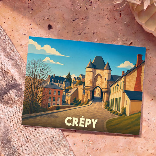 Carte postale souvenir de la ville de Crépy avec une illustration stylisée de ses bâtiments historiques.