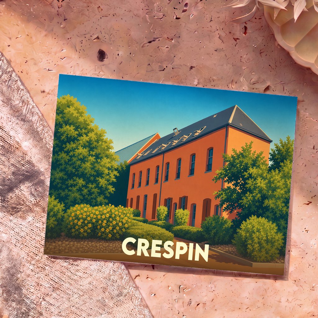 Carte postale souvenir de la ville de Crespin avec une illustration stylisée d'un bâtiment en briques orangées entouré de verdure.