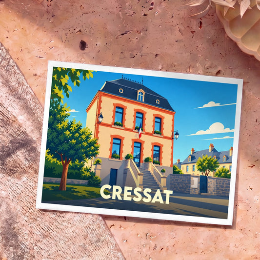 Carte postale souvenir de la ville de Cressat avec une illustration stylisée de sa mairie.