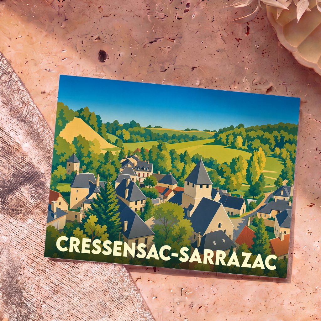 Carte postale souvenir de la ville de Cressensac-Sarrazac avec une illustration stylisée d'un village pittoresque.