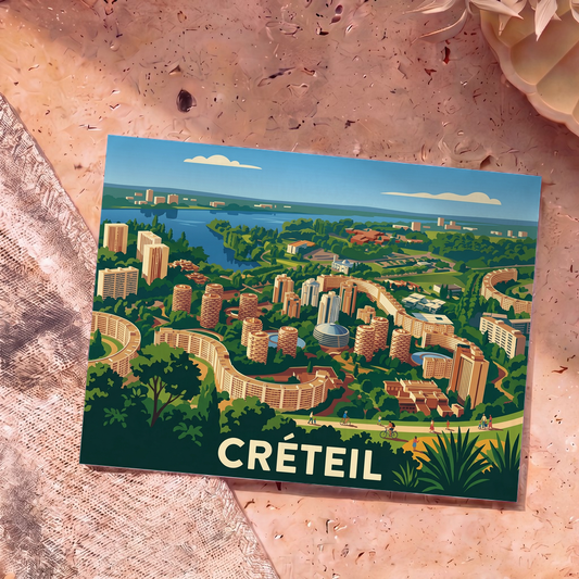Carte postale souvenir de la ville de Créteil avec une illustration stylisée et colorée de son architecture urbaine.