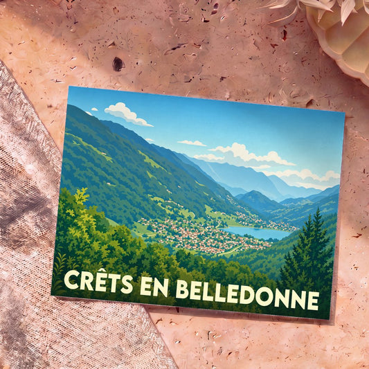 Carte postale souvenir de la ville de Crêts en Belledonne avec une illustration stylisée de ses paysages montagneux.