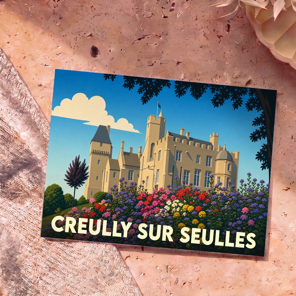 Carte postale souvenir de la ville de Creully sur Seulles avec une illustration stylisée de son château et ses jardins fleuris.