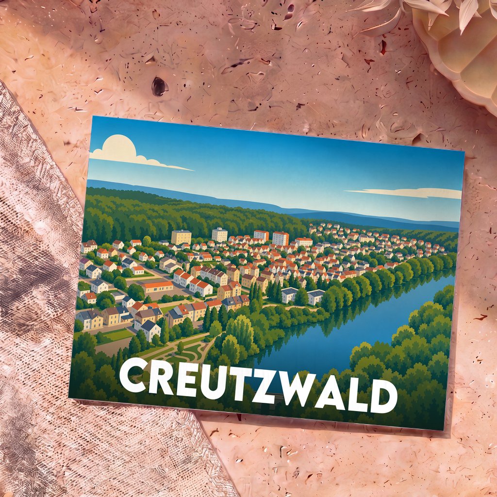 Carte postale souvenir de la ville de Creutzwald avec une illustration stylisée montrant une vue aérienne du paysage urbain et de son lac.
