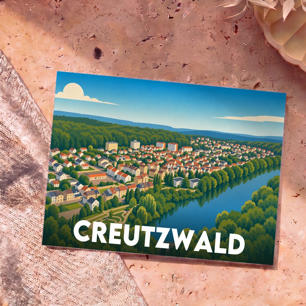Carte postale souvenir de la ville de Creutzwald présentant une illustration stylisée d'un paysage urbain verdoyant en bord de lac.