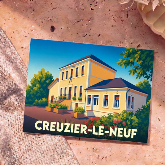 Carte postale souvenir de la ville de Creuzier-le-Neuf avec une illustration colorée de la mairie.