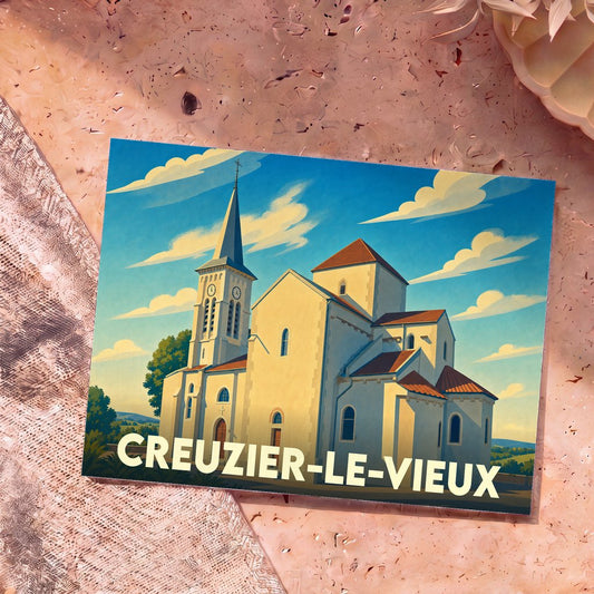 Carte postale souvenir de la ville de Creuzier-le-Vieux illustrant son église dans un style graphique épuré.