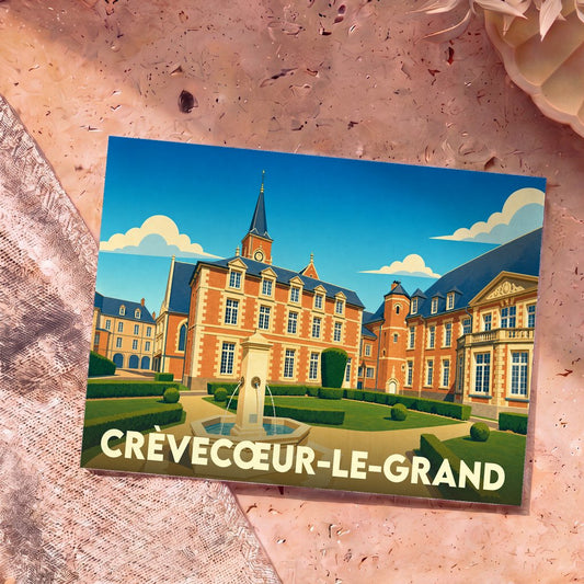 Carte postale souvenir de la ville de Crèvecœur-le-Grand avec une illustration stylisée du château et de ses jardins.