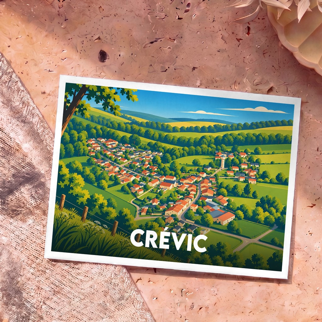 Carte postale souvenir de la ville de Crévic avec une illustration stylisée et colorée de la commune vue du ciel.